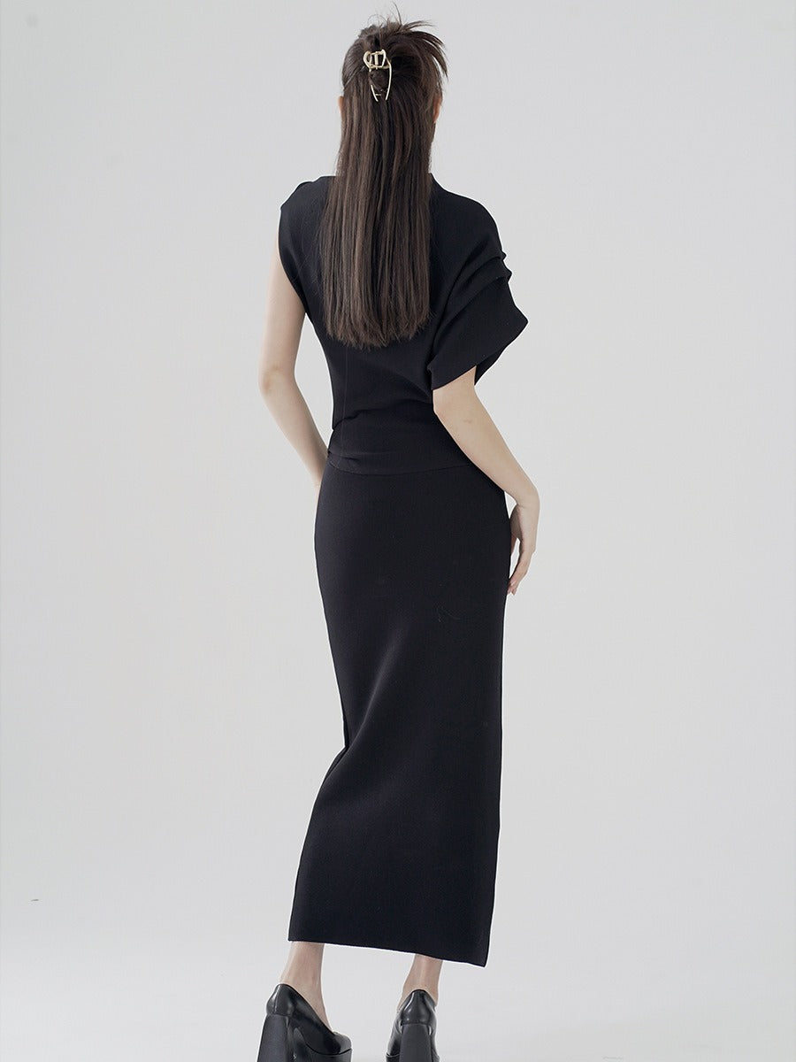 Autumn - Winter Design Sense Niche Hip Long  Black Knit Dress / Vestido Negro Largo de Punto con estilo de Nicho Otoño - Invierno