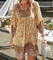 Bohemian printed dress long sleeved V-neck lace up A-line skirt/Vestido Corto de algodon Bohemio para Verano