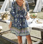 Bohemian printed dress long sleeved V-neck lace up A-line skirt/Vestido Corto de algodon Bohemio para Verano