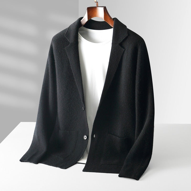 Young and middle-aged unisex wool cardigan lapel solid color sweater jacket long sleeves