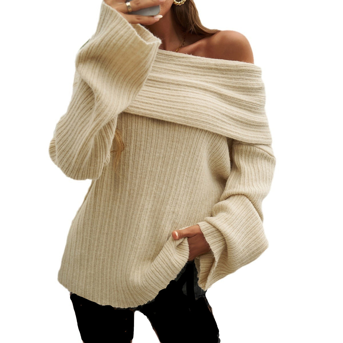 Women's top , loose fitting pullover, long sleeved sweater/Sweater Hombro descubierto casual