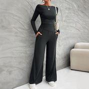 Women's Y2K slim fit long sleeved top and wide leg pants set/ Set Casual Pants y top