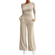 Women's Y2K slim fit long sleeved top and wide leg pants set/ Set Casual Pants y top