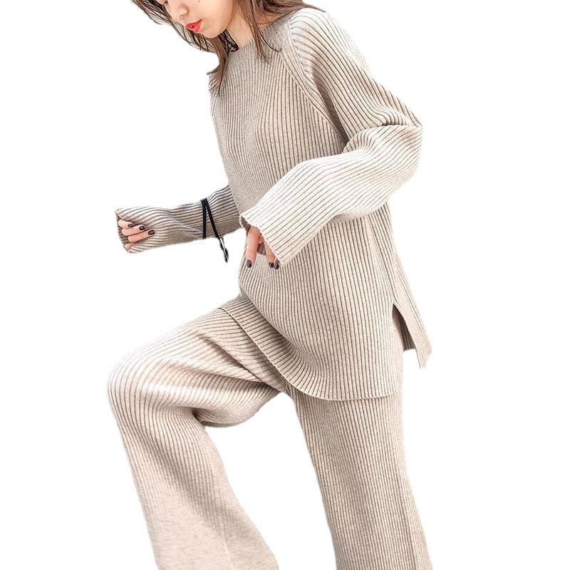 Women's Wide Leg Pants Long Sleeve Solid Color Warm Sweater Set Homewear/ Conjunto Hogareño Tipo Seater de Dos Piezas