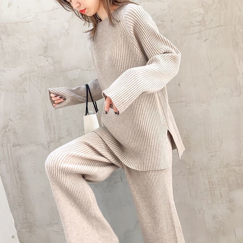 Women's Wide Leg Pants Long Sleeve Solid Color Warm Sweater Set Homewear/ Conjunto Hogareño Tipo Seater de Dos Piezas