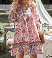 Bohemian printed dress long sleeved V-neck lace up A-line skirt/Vestido Corto de algodon Bohemio para Verano