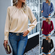 woman  lace collar, long sleeved solid color top/ Camisa Casual /elegante manga Larga  Cuello Redondo