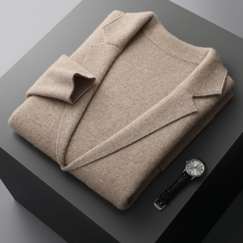 Young and middle-aged unisex wool cardigan lapel solid color sweater jacket long sleeves/