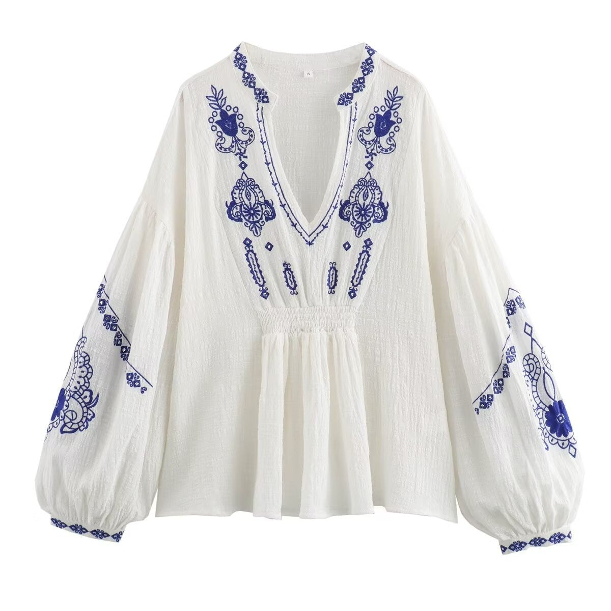 Summer new loose slimming V-neck long sleeved embroidered shirt top for women/ Camisa suelta en V con  bordados