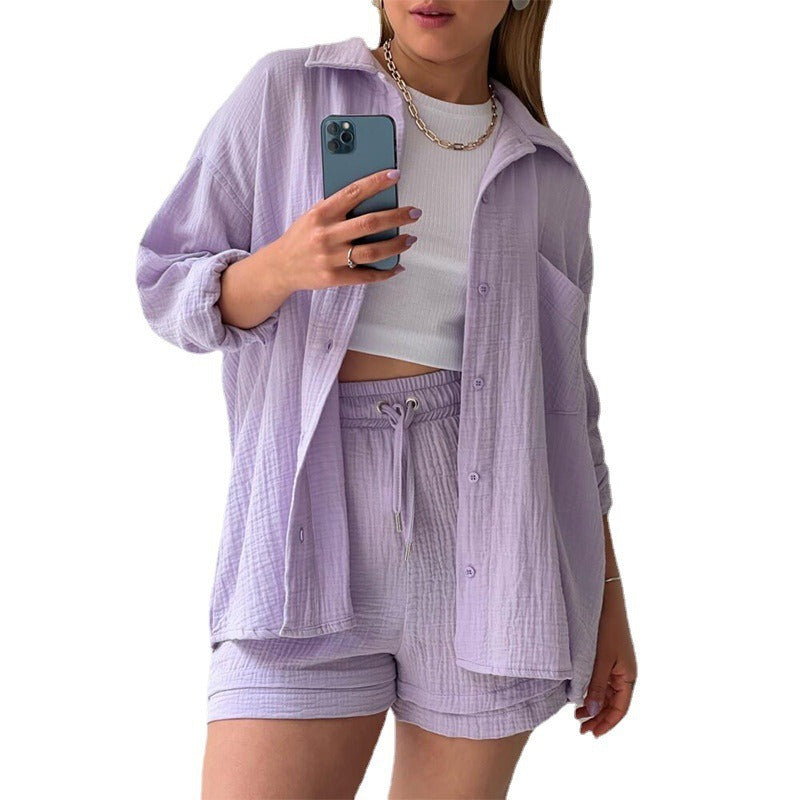 Women's wrinkled lapel long-sleeved shirt high-waisted drawstring shorts fashionable casual Casual two-piece set