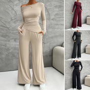 Women's Y2K slim fit long sleeved top and wide leg pants set/ Set Casual Pants y top