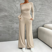 Women's Y2K slim fit long sleeved top and wide leg pants set/ Set Casual Pants y top