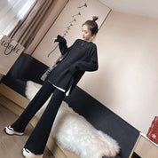 Women's Wide Leg Pants Long Sleeve Solid Color Warm Sweater Set Homewear/ Conjunto Hogareño Tipo Seater de Dos Piezas