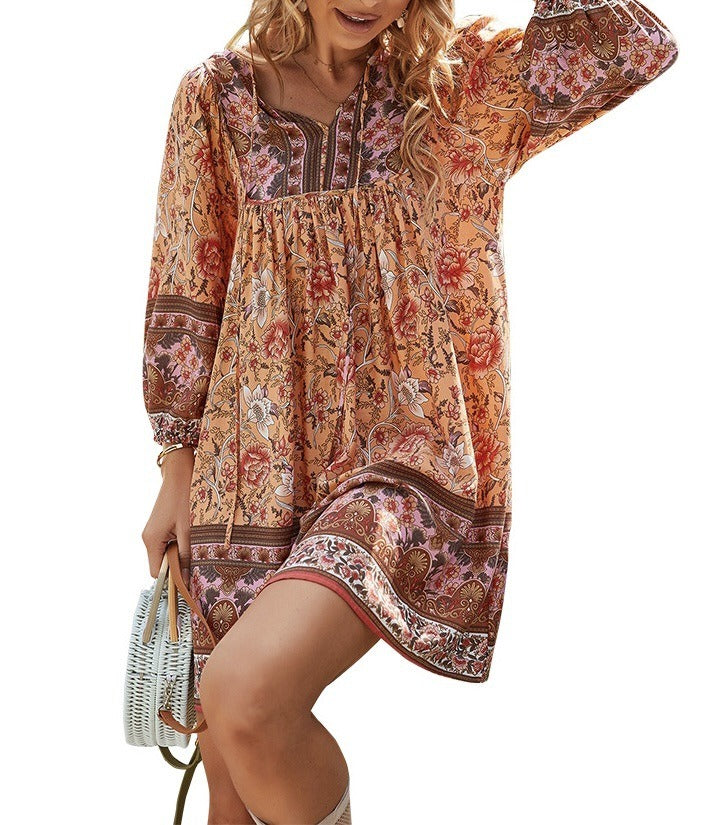 Bohemian printed dress long sleeved V-neck lace up A-line skirt/Vestido Corto de algodon Bohemio para Verano