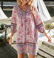 Bohemian printed dress long sleeved V-neck lace up A-line skirt/Vestido Corto de algodon Bohemio para Verano