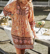 Bohemian printed dress long sleeved V-neck lace up A-line skirt/Vestido Corto de algodon Bohemio para Verano