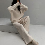 Long Sleeve Loose Casual Sweater Knitted Top Trousers Suit Two-Piece Set/Sweater y Pantalon Conjunto 2 Piezas