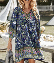 Bohemian printed dress long sleeved V-neck lace up A-line skirt/Vestido Corto de algodon Bohemio para Verano