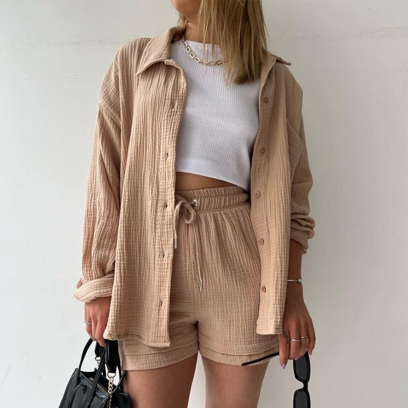 Women's wrinkled lapel long-sleeved shirt high-waisted drawstring shorts fashionable casual Casual two-piece set