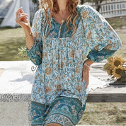 Bohemian printed dress long sleeved V-neck lace up A-line skirt/Vestido Corto de algodon Bohemio para Verano